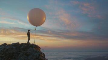 As dusk settles over the horizon a figure in a lab coat stands on a rocky cliff launching a weather balloon into the evening sky. The ethereal glow of the setting sun and the wispy photo