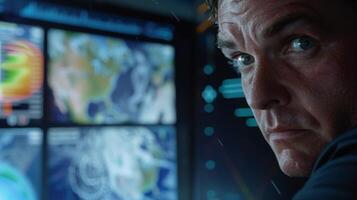 A closeup of a meteorologists face as they squint at a computer screen yzing data and graphs with furrowed brows while severe weather rages on through the window behind them. photo