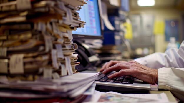 A closeup shot of a pair of hands diligently typing out patient notes on a computer with stacks of papers and medical books tered on the desk in front of them and a white lab coat photo