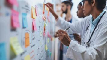 A team of medical professionals gathered around a whiteboard brainstorming and writing up schedules and plans for the upcoming week with colorful postit notes and markers tered around photo