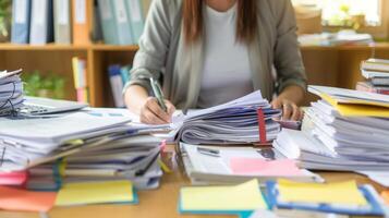 A paralegal sits at a desk covered in organized piles of paperwork meticulously comparing notes and highlighting key details. photo