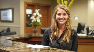 The receptionists genuine smile and warm demeanor makes visitors feel welcome and valued as they enter the office. photo