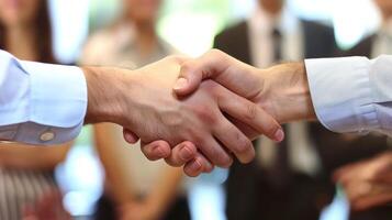 A closeup of two people shaking hands over a contract both wearing expressions of satisfaction. In the background a group of coworkers look on impressed by the successful negotiation photo