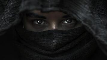 A face is partially hidden behind a veil of darkness allowing only glimpses of its features to be seen evoking a sense of mystery and allure. photo