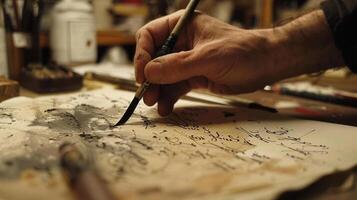 The delicate yet powerful movements of a calligraphers hand create exquisite lettering on paper. photo