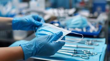 A pair of hands clad in blue latex gloves reaches out to hand a surgical mask to a colleague. In the background medical tools are neatly organized on a tray covered in a sterile cloth. photo