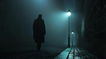 A streetlamp shines down onto a solitary figure in a trench coat their face shrouded in shadows as they walk along a deserted street searching for any clues or leads. photo