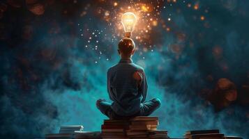 An imaginative composition of a person sitting on a stack of books with a glowing light bulb hovering above their head showcasing the power of unconventional thinking and the endless photo