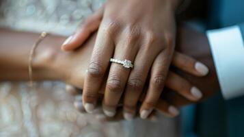 Two hands one with a delicate engagement ring hold onto each other tightly symbolizing the deep connection between a newly engaged couple. photo