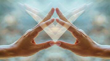 The symmetrical placement of two hands together forming a mirror image of overlapping triangles and quadrilaterals. photo