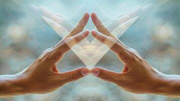 The symmetrical placement of two hands together forming a mirror image of overlapping triangles and quadrilaterals. photo