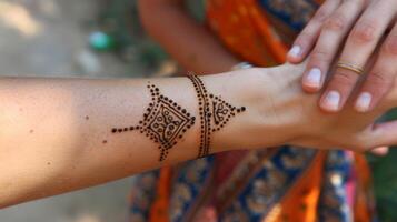 A thin tan line around her left wrist marks the location and significance of the henna tattoo she got on a trip to India. photo