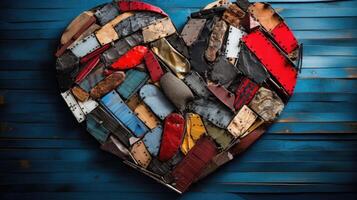 A bold and unique abstract heart collage made from a mix of materials such as wood, metal, and fabric, representing the multifaceted nature of love. photo