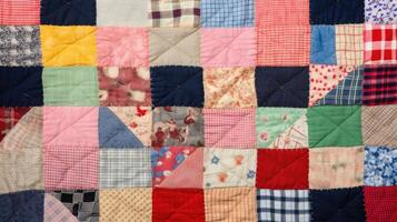 A patchwork quilt, complete with mismatched fabric ss and crooked stitching, but b with charm and personality. photo