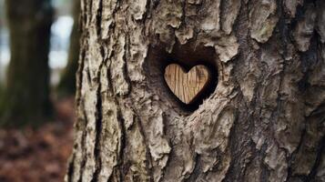 A shot of two small, intertwined hearts carved into the trunk of a tree, symbolizing the secret whispers of love shared between two lovers in a hidden, secluded spot. photo