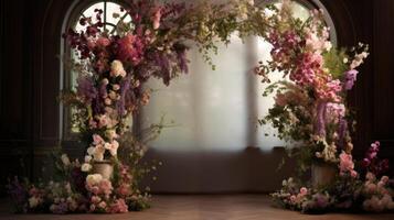 A whimsical arch of various types of blossoms and greenery creates a dreamy setting, with a central podium adorned with a garland of the same delicate flowers. photo