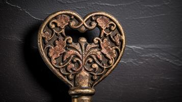 A vintage iron key p gently on top of a heartshaped lock, representing the timeless nature of love and its ability to transcend time and place. photo