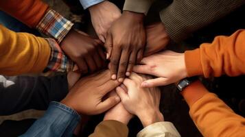 A closeup of a group of hands, all stacked on top of each other in a show of unity and love. photo