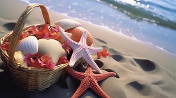 A heartshaped arrangement of colorful starfish adorns a beach picnic setup, adding a touch of natural elegance to a romantic outing by the sea. photo