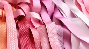 A bundle of ribbons in various shades of pink, each one with its own unique pattern, from delicate stripes to bold geometric designs. photo