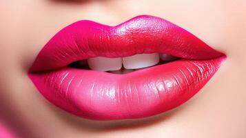 Bold and striking ombre lips in shades of vibrant pink and red, complete with a gradient heart design in the center for a romantic twist. photo