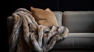 A fur throw elegantly folded and p on the armrest of a plush velvet sofa, adding a touch of sophistication to a living space. photo
