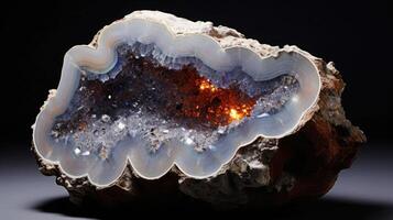 A plain, grey rock, gradually transforming into a sparkling geode filled with vibrant, shimmering crystals, symbolizing how love can bring out the hidden beauty within us. photo