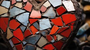 A closeup of a heartshaped sculpture, made up of fragmented pieces of different materials, showcasing the resilience and strength that comes with a mended heart. photo