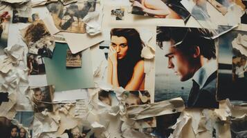 un collage de rasgado arriba fotos y recuerdos, exhibiendo el proceso de dejando Vamos y Moviente en desde un pasado relación.