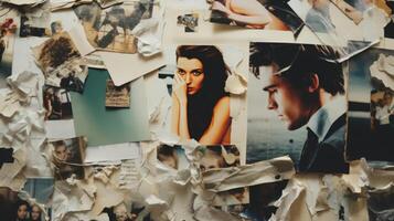 A collage of ripped up photos and mementos, showcasing the process of letting go and moving on from a past relationship.