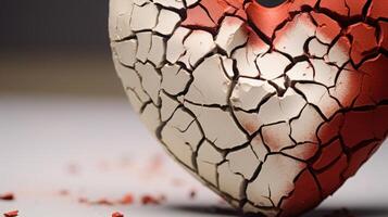 A closeup of a cracked, ceramic heart, with jagged lines running through it, symbolizing the fragility and vulnerability of a heart that has been broken and is in the process of being photo