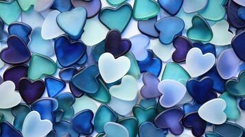 A closeup of a heartshaped sea glass mosaic, with each piece perfectly aligned to create a striking pattern of blues, greens, and purples. photo