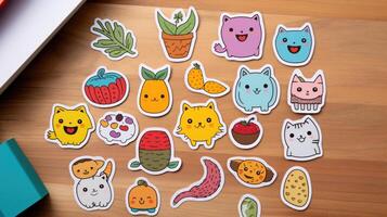 A selection of handdrawn stickers featuring endearing characters and bold, bright colors, perfect for decorating notebooks and sbooks with a joyful and naive touch. photo