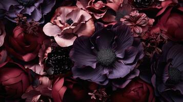 Moody shades of burgundy and deep purple, with flashes of silver and black, forming an edgy and unconventional abstract floral display. photo
