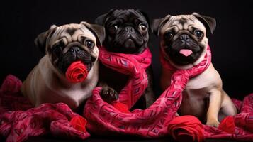 A group of pugs adorned in heartpatterned bandanas, eagerly playing with heartshaped chew toys. photo