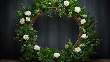 un natural y orgánico arco de floreciente rosas y verdor marcos un de madera podio, mejorado por un circular guirnalda de entrelazados florales. foto