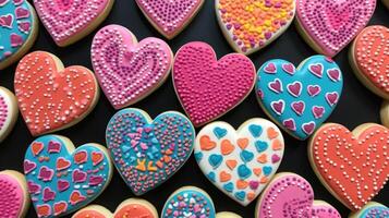Each intricate dot of frosting is meticulously p on these heartshaped cookies, creating a beautiful mosaic of colors. photo