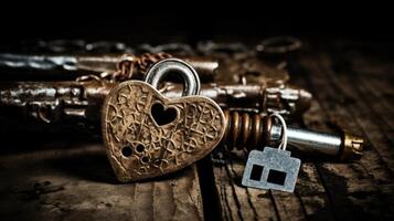 A vintage lock and key, aged but still radiating a sense of endless love and commitment. photo