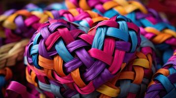 A colorful ribbon, made of various bright hues, weaving and intertwining into a heart shape to represent the many different facets of love. photo