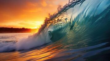 A blue ocean wave crashes against an orange sunset, capturing the harmonious clash of opposing forces in a successful relationship. photo