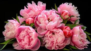 A stunning pink peony with layers of soft, delicate petals and a rich, alluring scent, commanding attention in the bouquet. photo