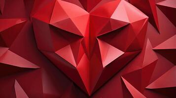 A closeup of an origami heart, featuring sharp angles and bold lines that come together to form a striking and complex geometric pattern. photo