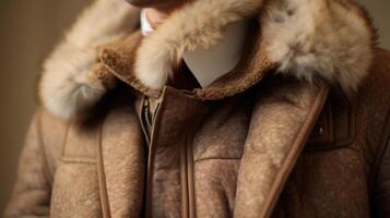 A closeup of a furlined jacket collar, adding a touch of warmth and indulgence to an otherwise simple and understated outfit. photo