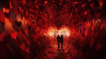 Riders are taken on a thrilling ride through a tunnel of vibrant red hearts, representing the intensity of love. photo