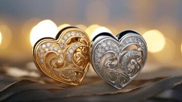 A pair of intricately designed hearts, one in shimmering gold and the other in striking silver, spinning and swaying beautifully to the melody of a dreamy lullaby. photo