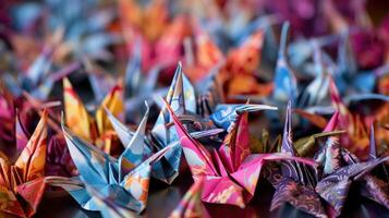 A display of intricately folded origami cranes, each one uniquely decorated with vibrant patterns and glitter, creating a whimsical and handcrafted centerpiece for any party or event. photo