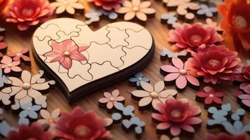 An intricate puzzle with pieces in the shape of hearts and flowers, representing the sweet and romantic journey of falling in love and building a life together. photo