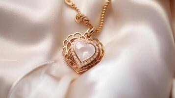A closeup of a heartshaped charm, featuring delicate etched patterns and a shimmering motherofpearl gemstone, making it the perfect addition to a charm bracelet or necklace. photo