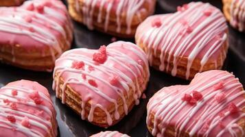 An intricate patchwork of pink and white frosting covers these heartshaped pastries, creating an eyecatching effect. photo