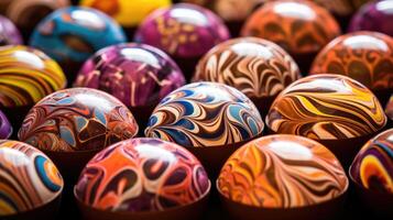 A vibrant array of handpainted chocolate bonbons, each one filled with a unique and delectable flavor, drawing you into a world of chocolate fantasy. photo